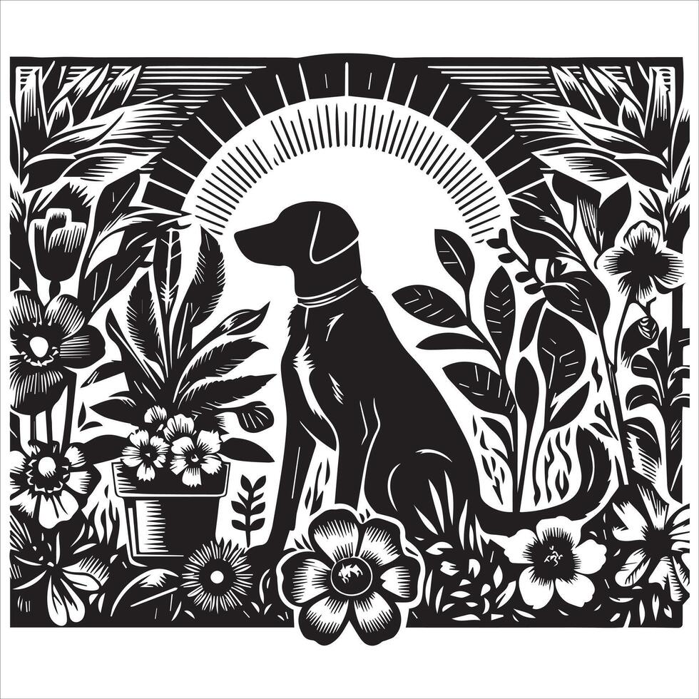 A collage of dog a plant in an illustrated frame risograph silhouette white background vector