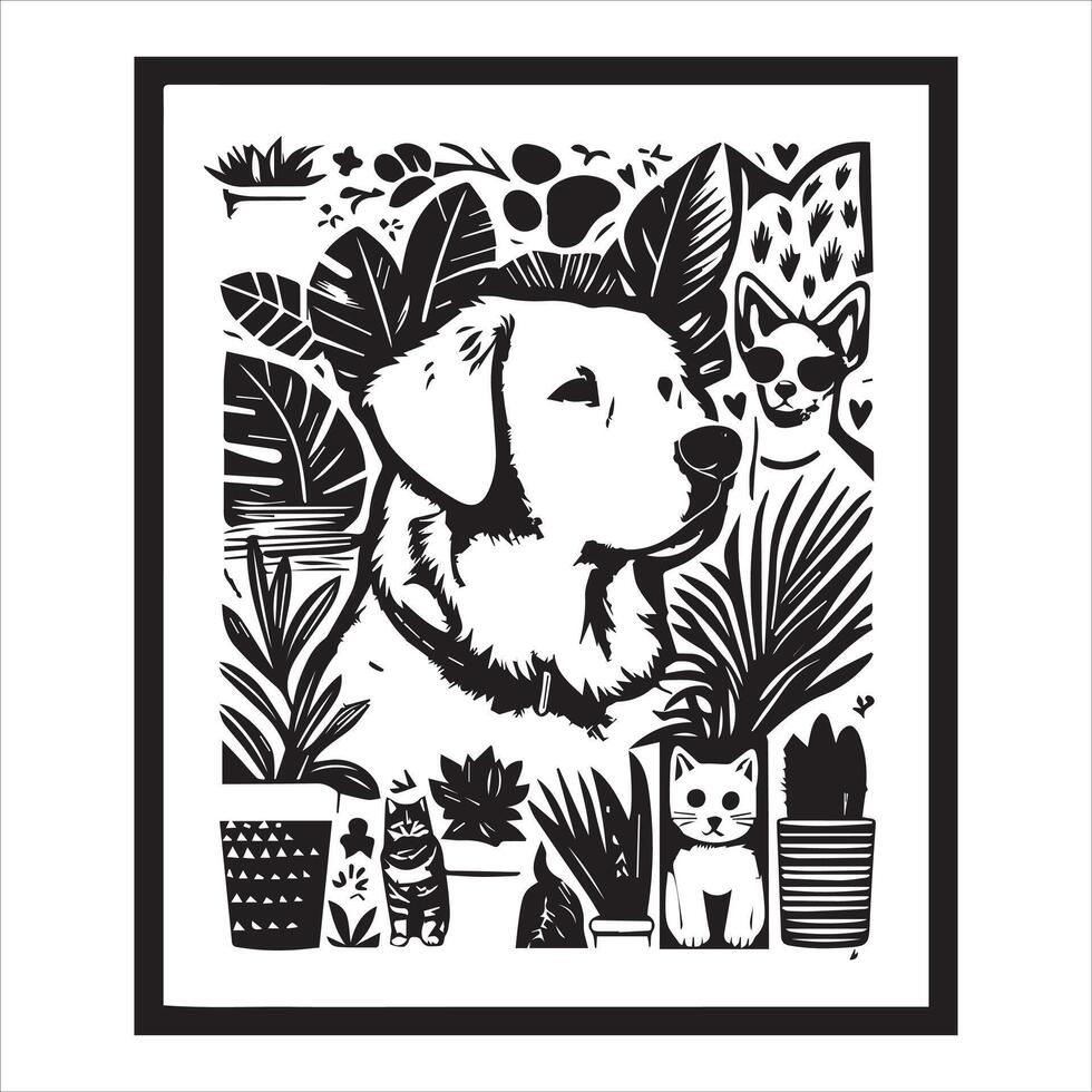 A collage of dog a plant in an illustrated frame risograph silhouette white background vector