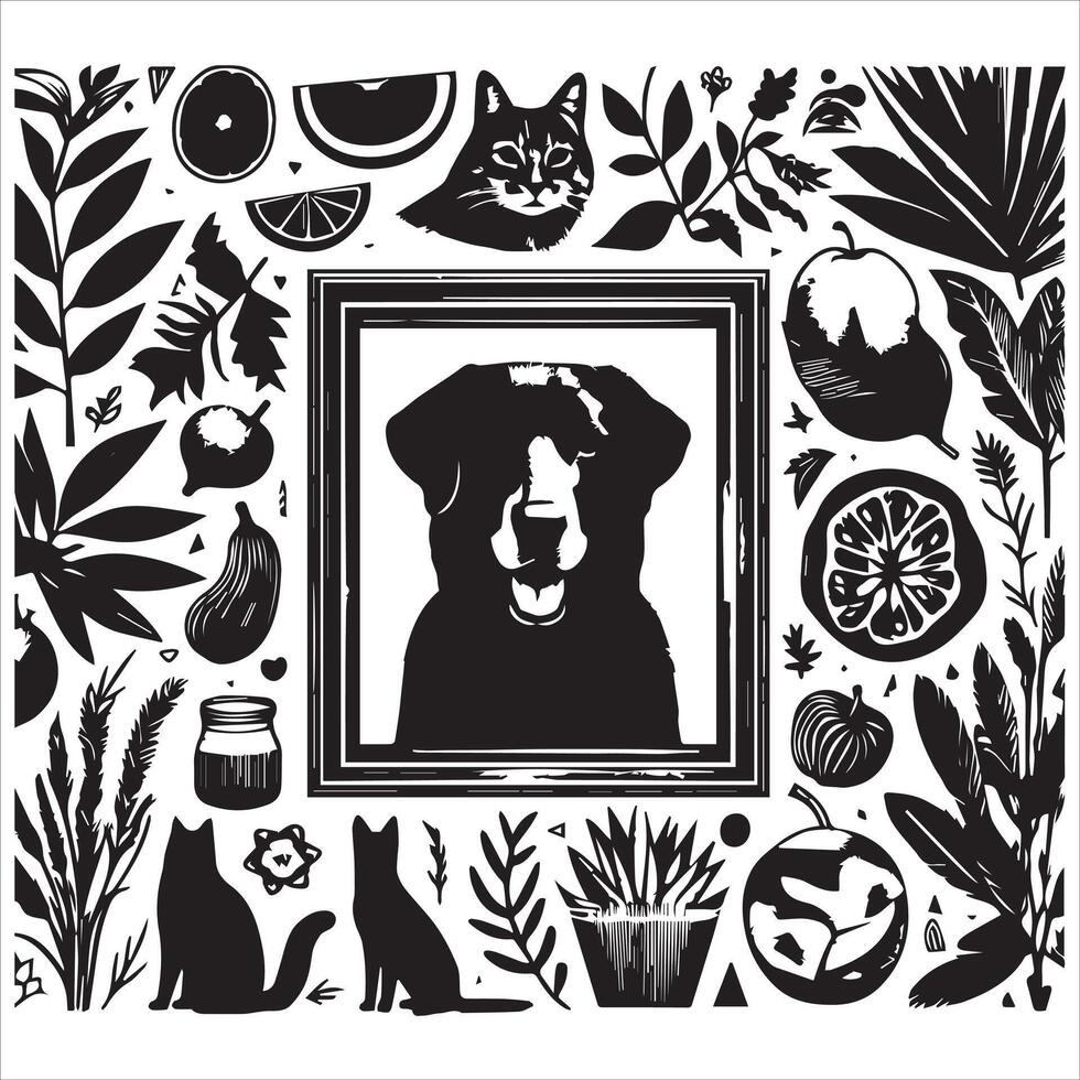 A collage of dog a plant in an illustrated frame risograph silhouette white background vector