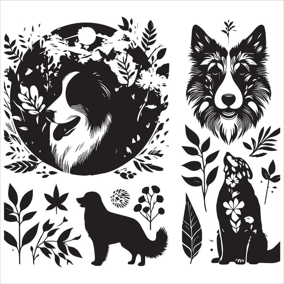 A collage of dog a plant in an illustrated frame risograph silhouette white background vector