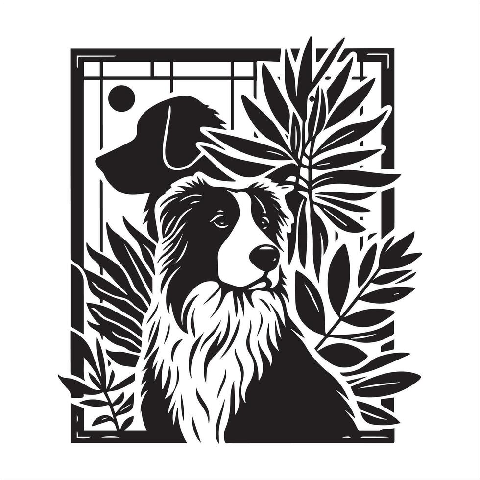 A collage of dog a plant in an illustrated frame risograph silhouette white background vector