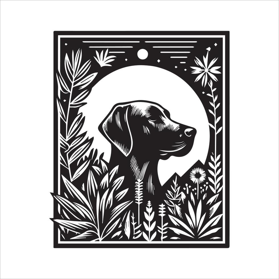 A collage of dog a plant in an illustrated frame risograph silhouette white background vector