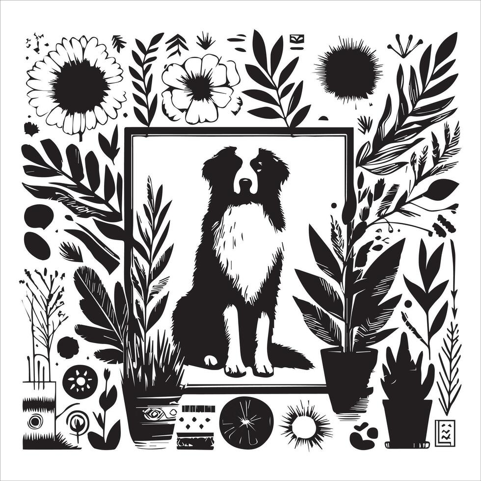 A collage of dog a plant in an illustrated frame risograph silhouette white background vector
