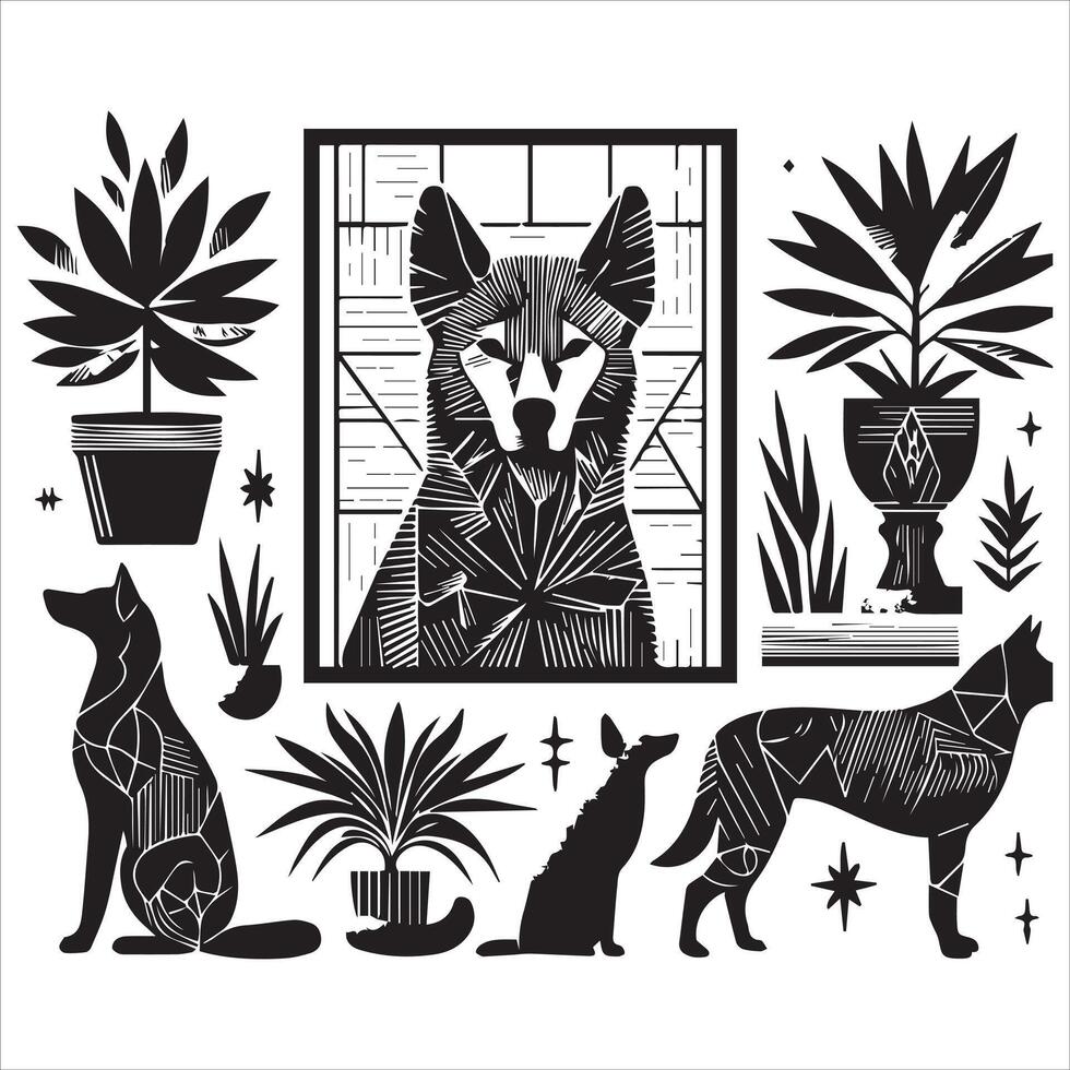 A collage of dog a plant in an illustrated frame risograph silhouette white background vector
