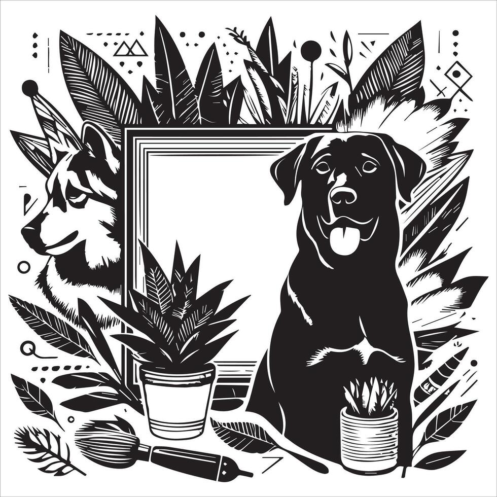 A collage of dog a plant in an illustrated frame risograph silhouette white background vector