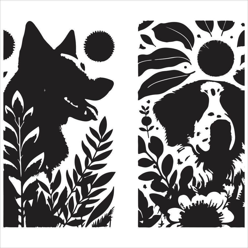 A collage of dog a plant in an illustrated frame risograph silhouette white background vector