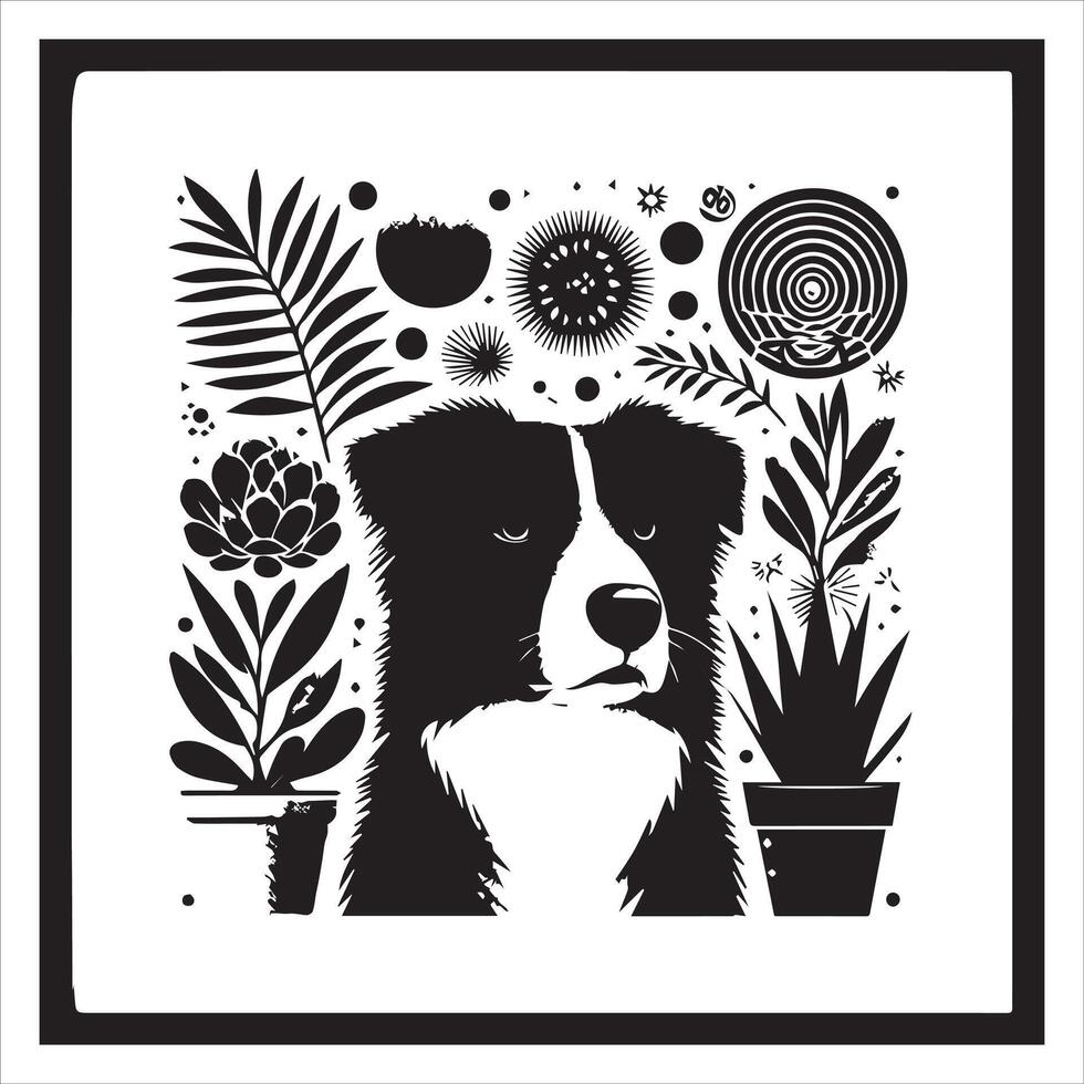 A collage of dog a plant in an illustrated frame risograph silhouette white background vector