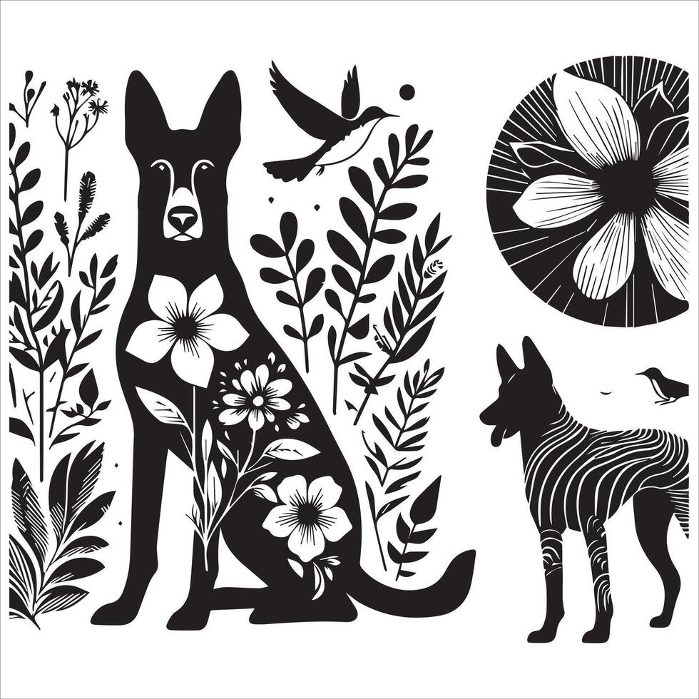 A collage of dog a plant in an illustrated frame risograph silhouette white background vector