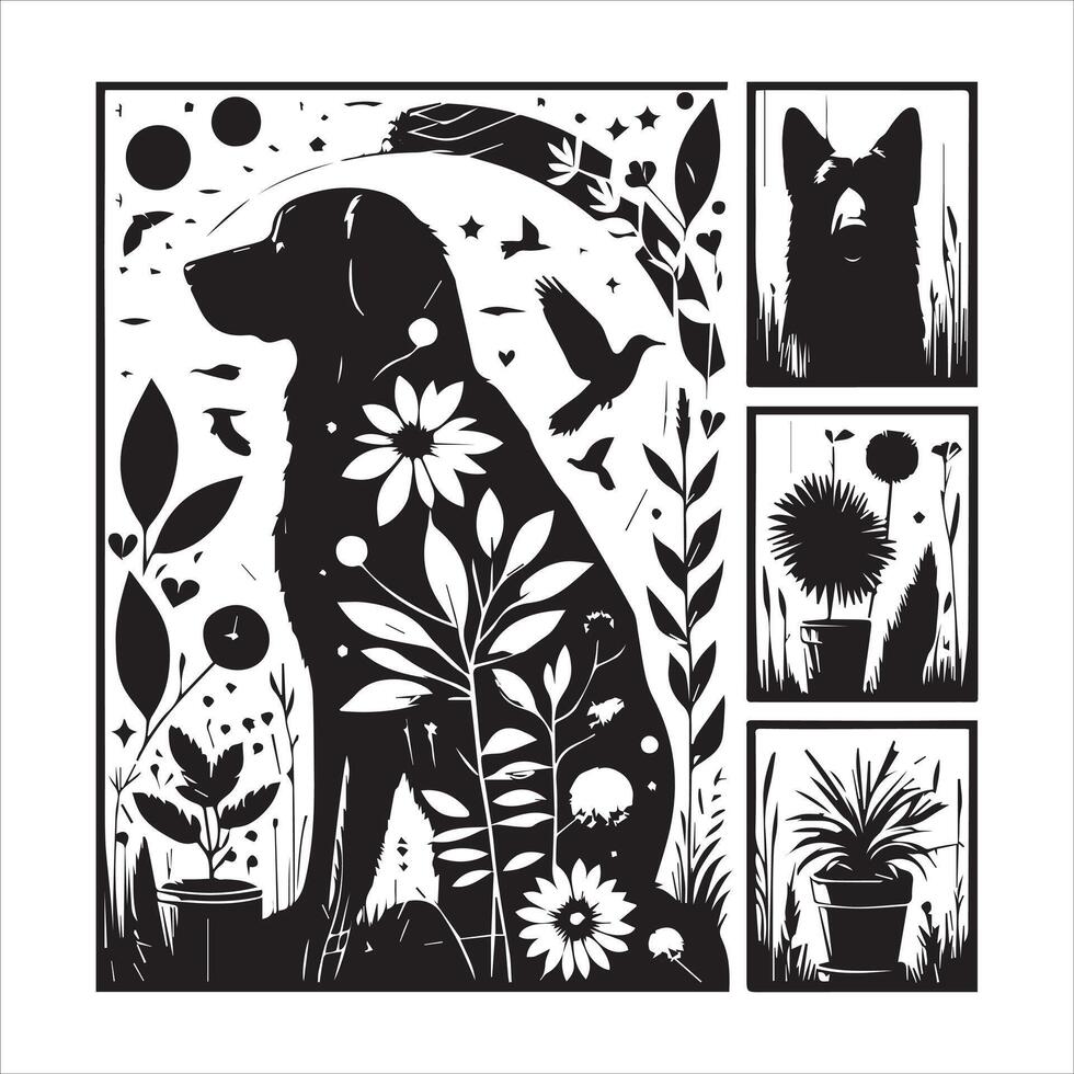 A collage of dog a plant in an illustrated frame risograph silhouette white background vector