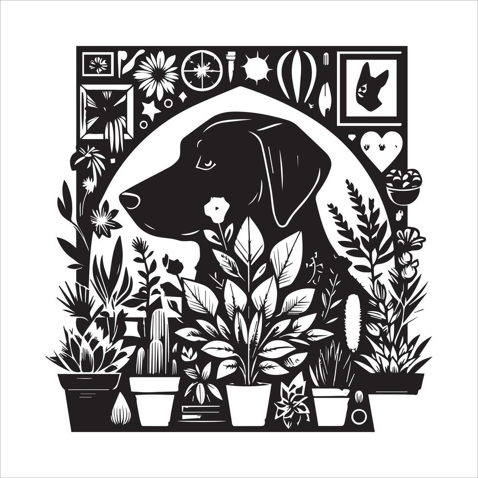 A collage of dog a plant in an illustrated frame risograph silhouette white background vector