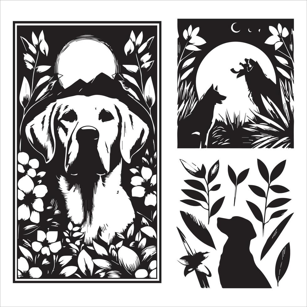 A collage of dog a plant in an illustrated frame risograph silhouette white background vector