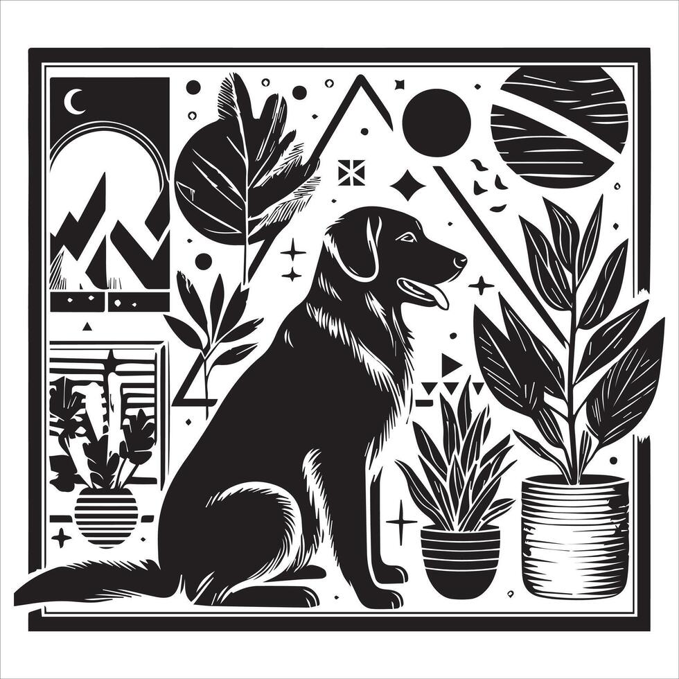 A collage of dog a plant in an illustrated frame risograph silhouette white background vector