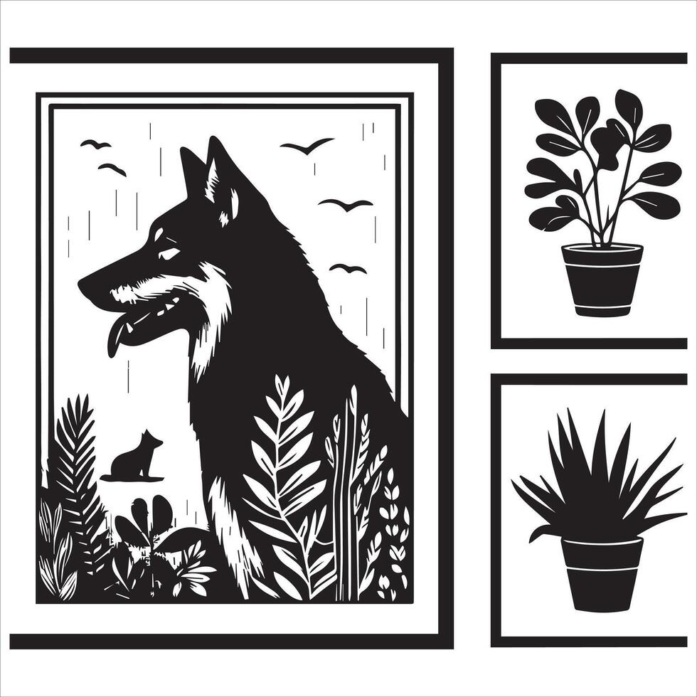 A collage of dog a plant in an illustrated frame risograph silhouette white background vector
