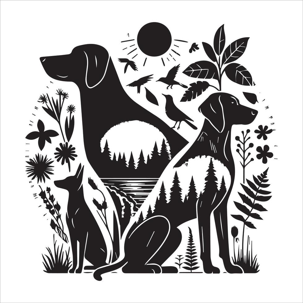 A collage of dog a plant in an illustrated frame risograph silhouette white background vector