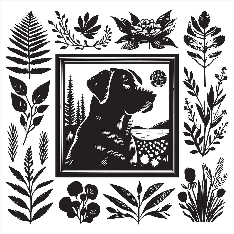 A collage of dog a plant in an illustrated frame risograph silhouette white background vector