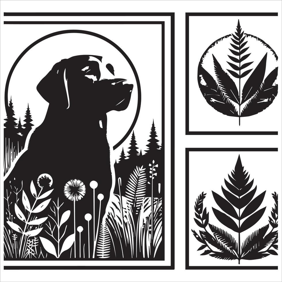 A collage of dog a plant in an illustrated frame risograph silhouette white background vector