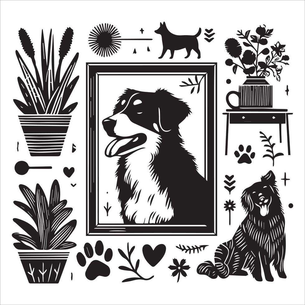 A collage of dog a plant in an illustrated frame risograph silhouette white background vector