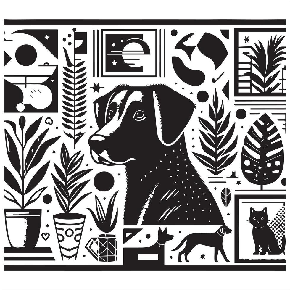A collage of dog a plant in an illustrated frame risograph silhouette white background vector