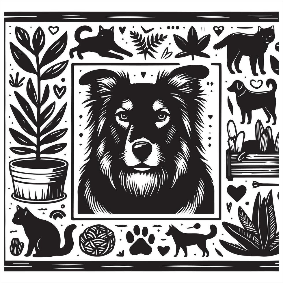 A collage of dog a plant in an illustrated frame risograph silhouette white background vector