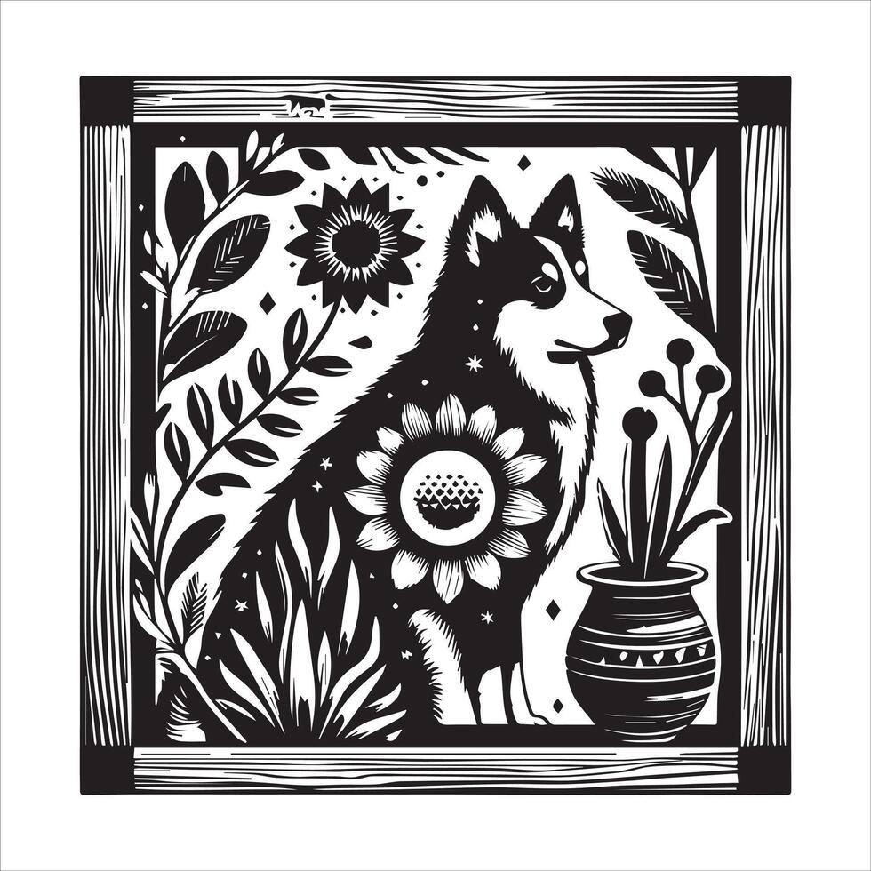 A collage of dog a plant in an illustrated frame risograph silhouette white background vector