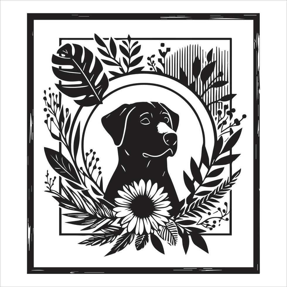 A collage of dog a plant in an illustrated frame risograph silhouette white background vector