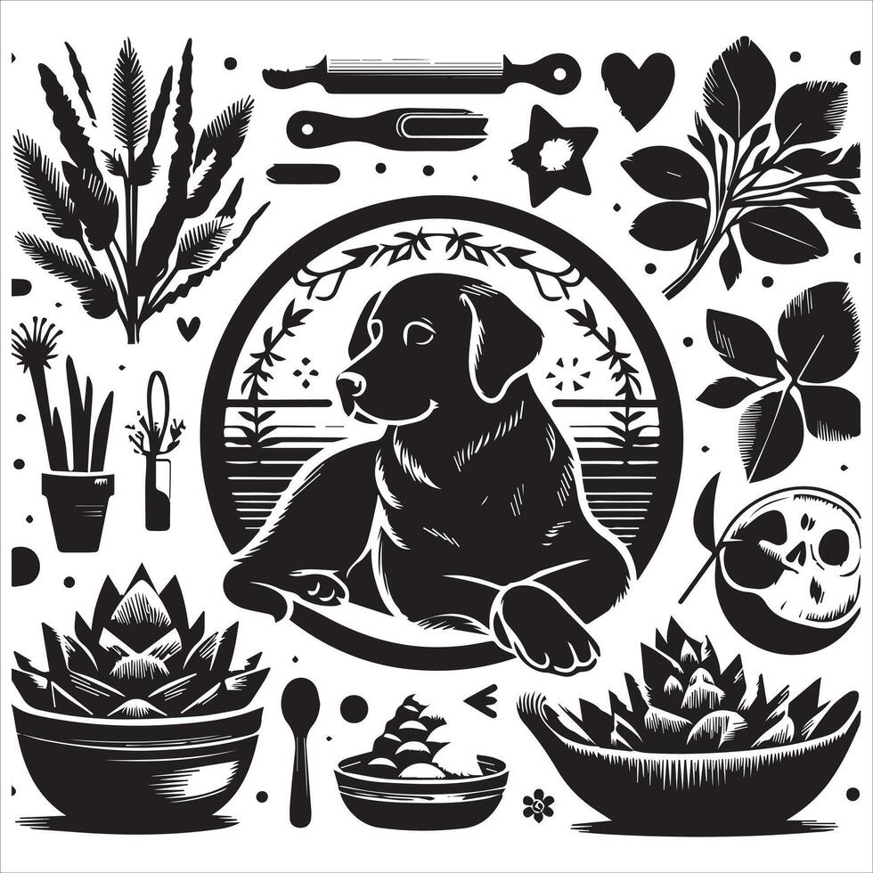 A collage of dog a plant in an illustrated frame risograph silhouette white background vector