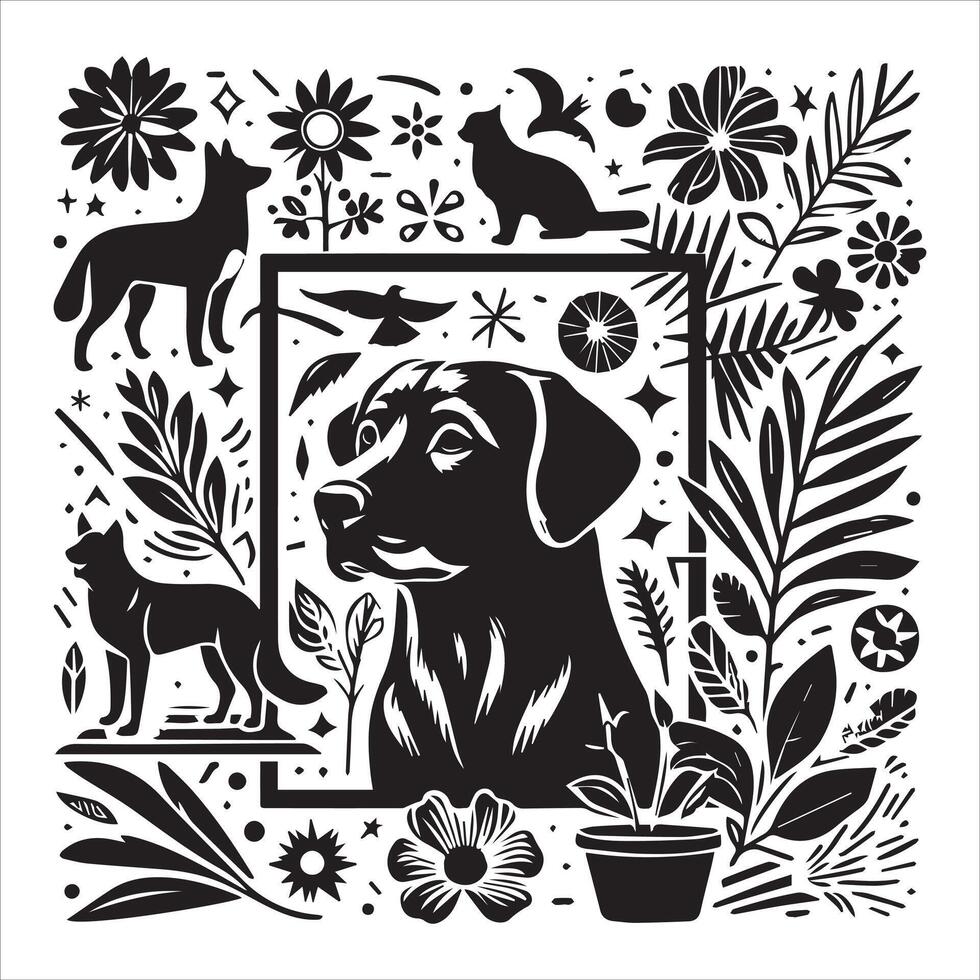 A collage of dog a plant in an illustrated frame risograph silhouette white background vector