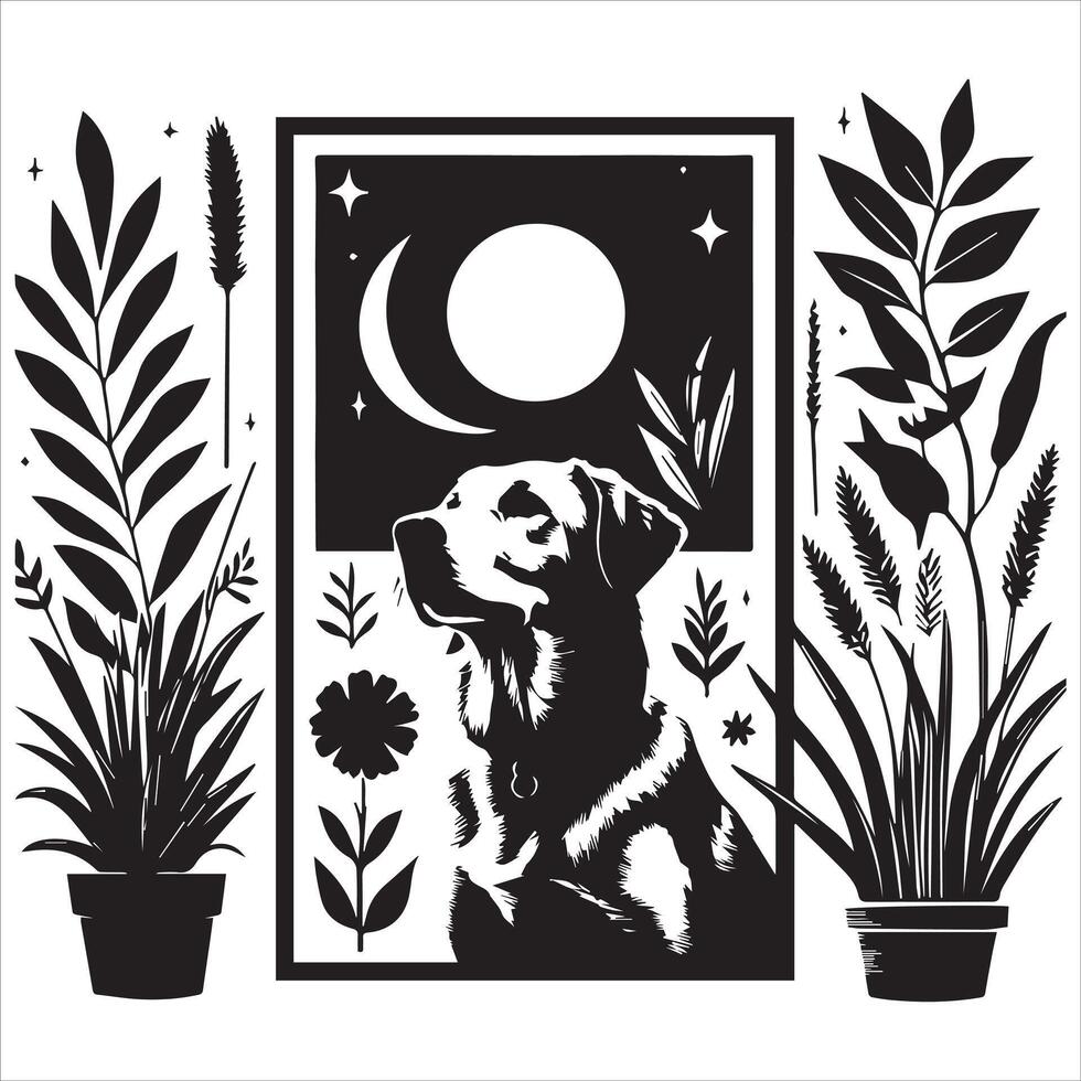 A collage of dog a plant in an illustrated frame risograph silhouette white background vector