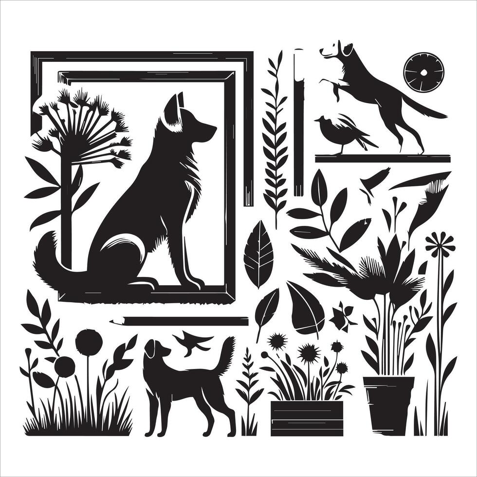 A collage of dog a plant in an illustrated frame risograph silhouette white background vector