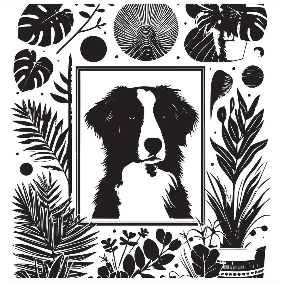 A collage of dog a plant in an illustrated frame risograph silhouette white background vector