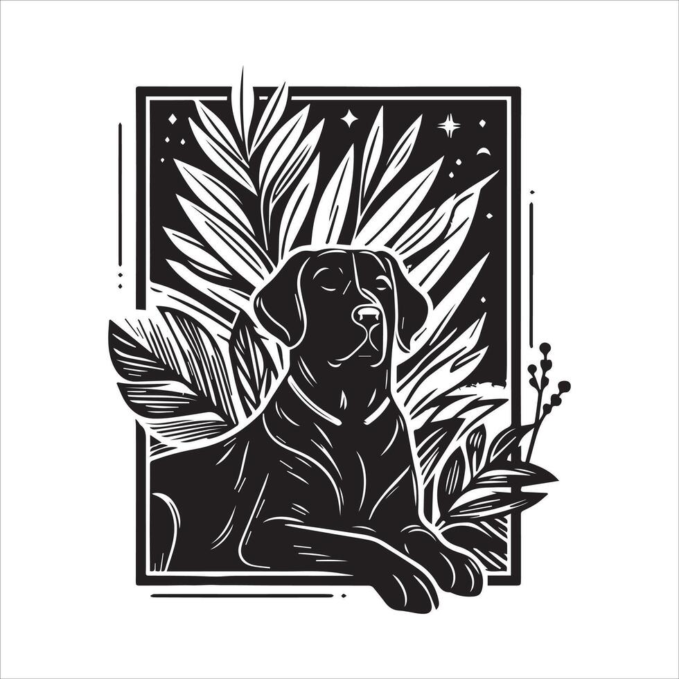 A collage of dog a plant in an illustrated frame risograph silhouette white background vector