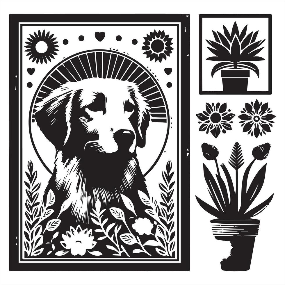 A collage of dog a plant in an illustrated frame risograph silhouette white background vector