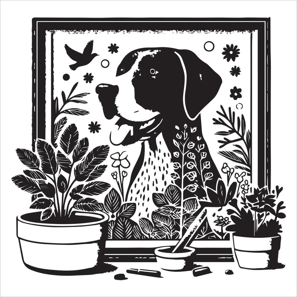 A collage of dog a plant in an illustrated frame risograph silhouette white background vector