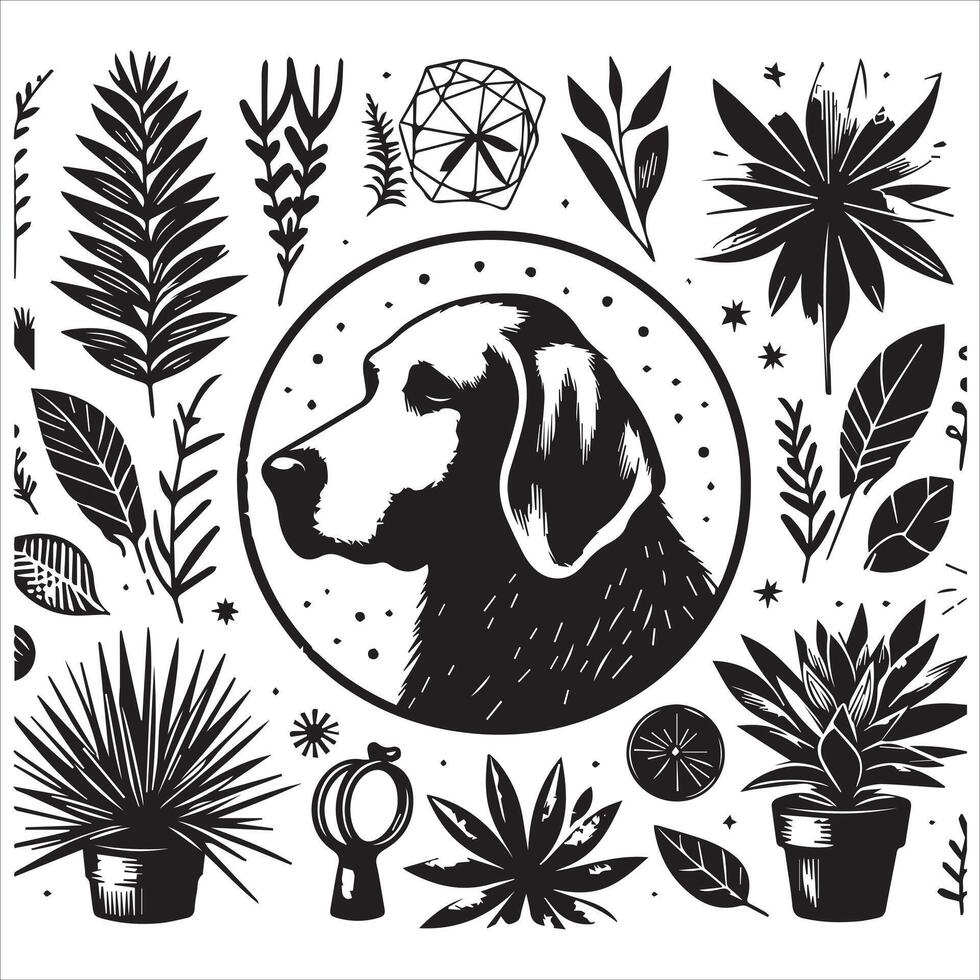 A collage of dog a plant in an illustrated frame risograph silhouette white background vector
