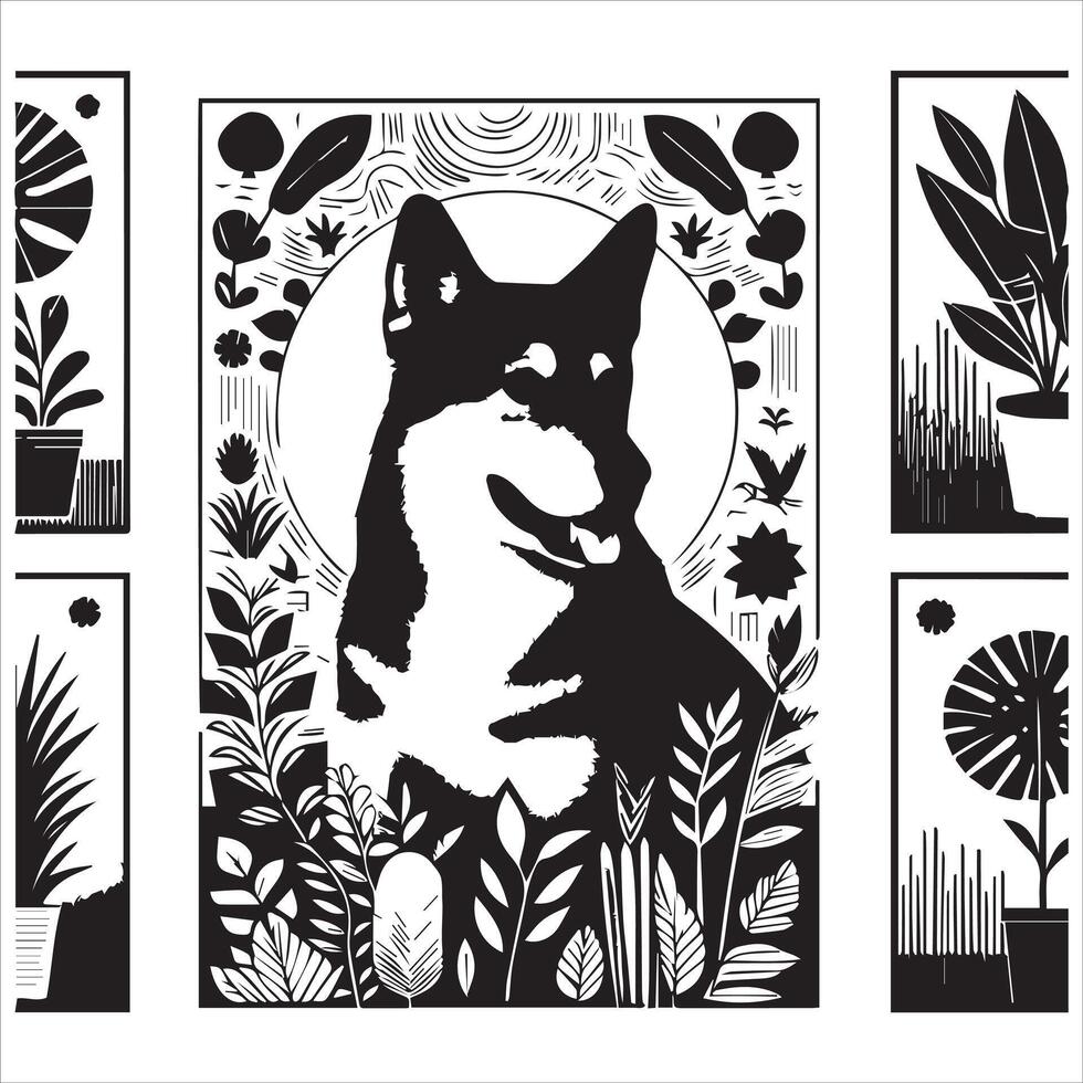 A collage of dog a plant in an illustrated frame risograph silhouette white background vector