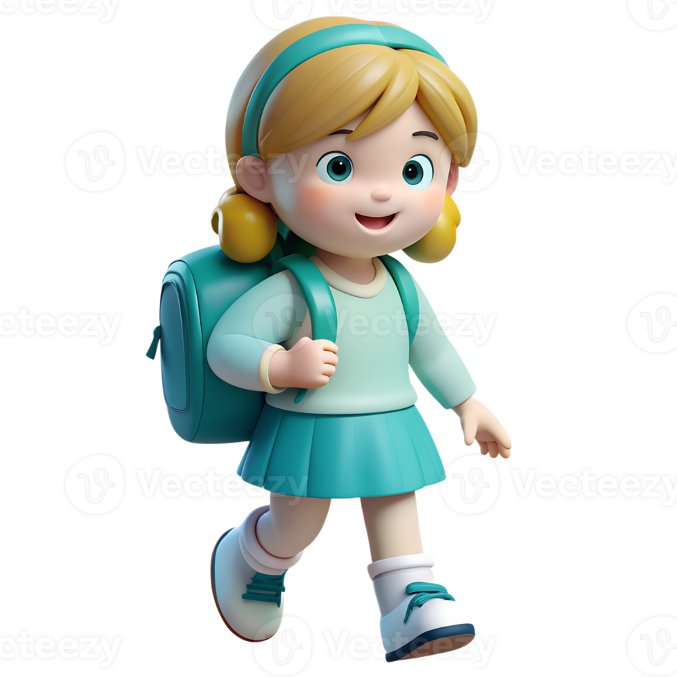 Cute first grader girl wearing school uniform and backpack isolated on the transparent background png