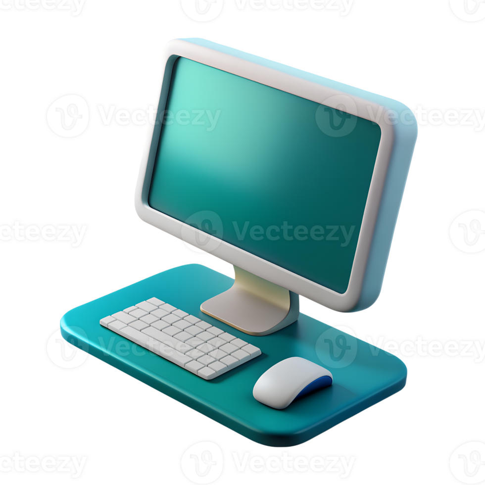 Cartoon computer monitor with keyboard and mouse 3d icon isolated on the transparent background png