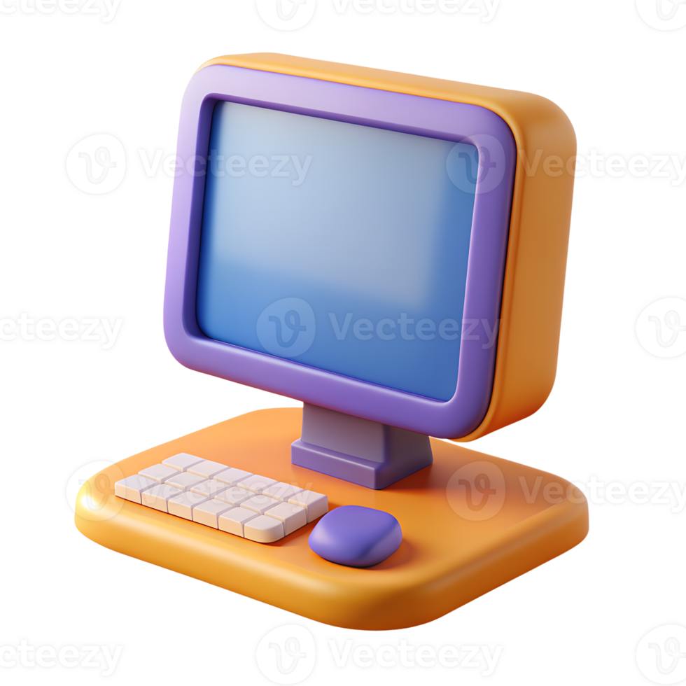 Cartoon computer monitor with keyboard and mouse 3d icon isolated on the transparent background png