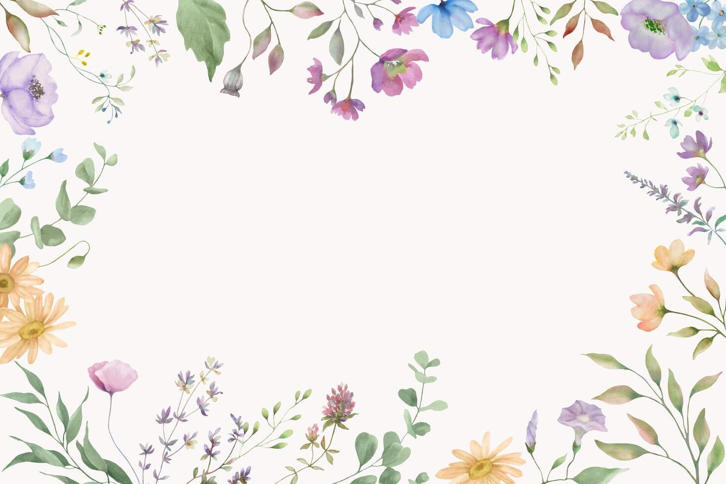Watercolor floral frame with cute flowers. Hand drawn illustration isolated on white background. vector