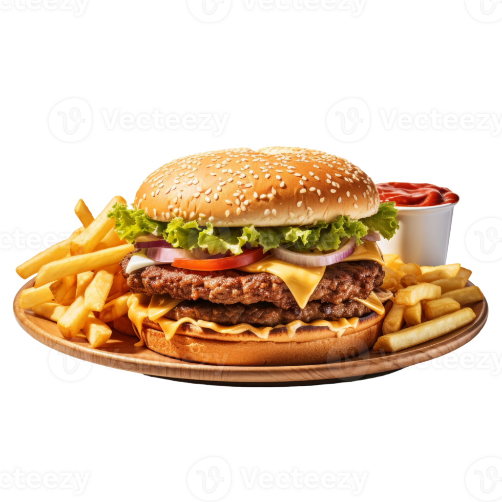 Double Cheeseburger with French Fries and Ketchup png