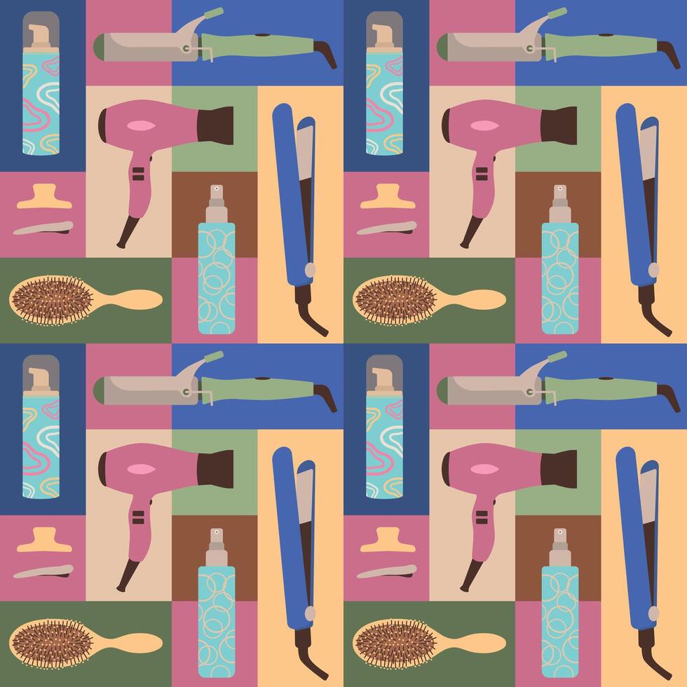 Hair styling seamless pattern. Hairdryer, curling iron, styling mousse, comb in squares and rectangles. Modern illustration for packaging, wrapping paper, cover or case vector