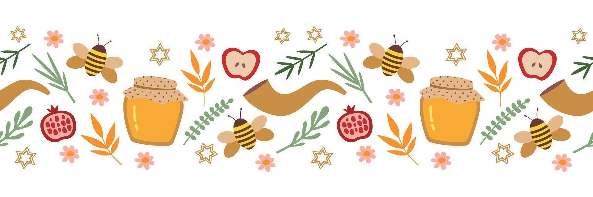 Rosh Hashanah seamless border. Honey, apple, pomegranate and bee. Isolated illustration for greeting card, banner, packaging vector