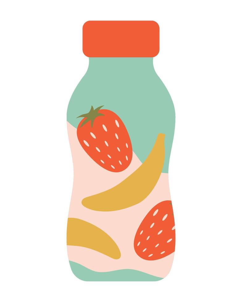 Drinking yogurt in a plastic bottle. Yogurt with strawberries and banana. Baby food. Isolated illustration in clip art style. vector