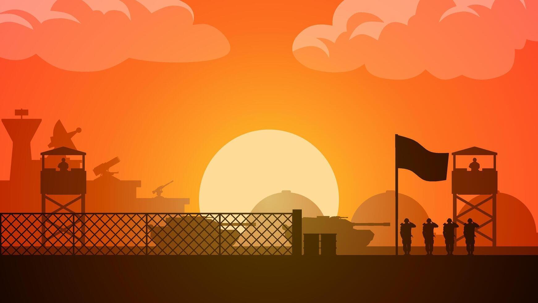 Landscape illustration of military base silhouette with sunset sky vector