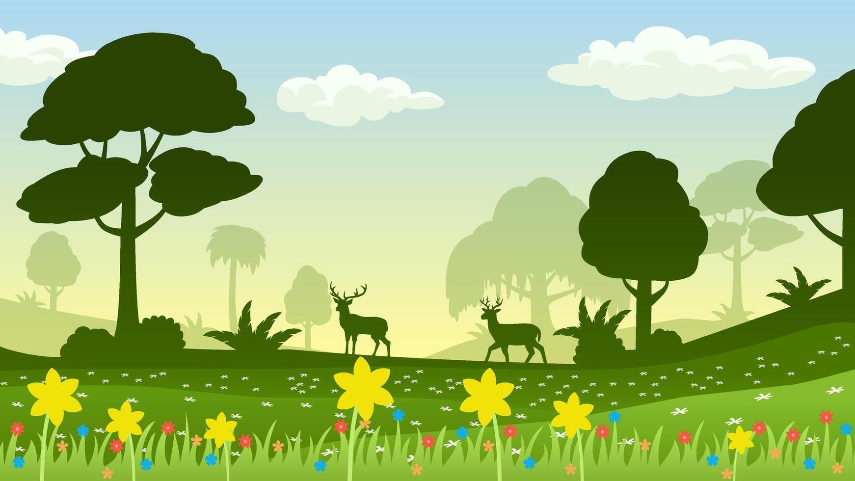 Landscape illustration of deer silhouette at hill in spring season vector