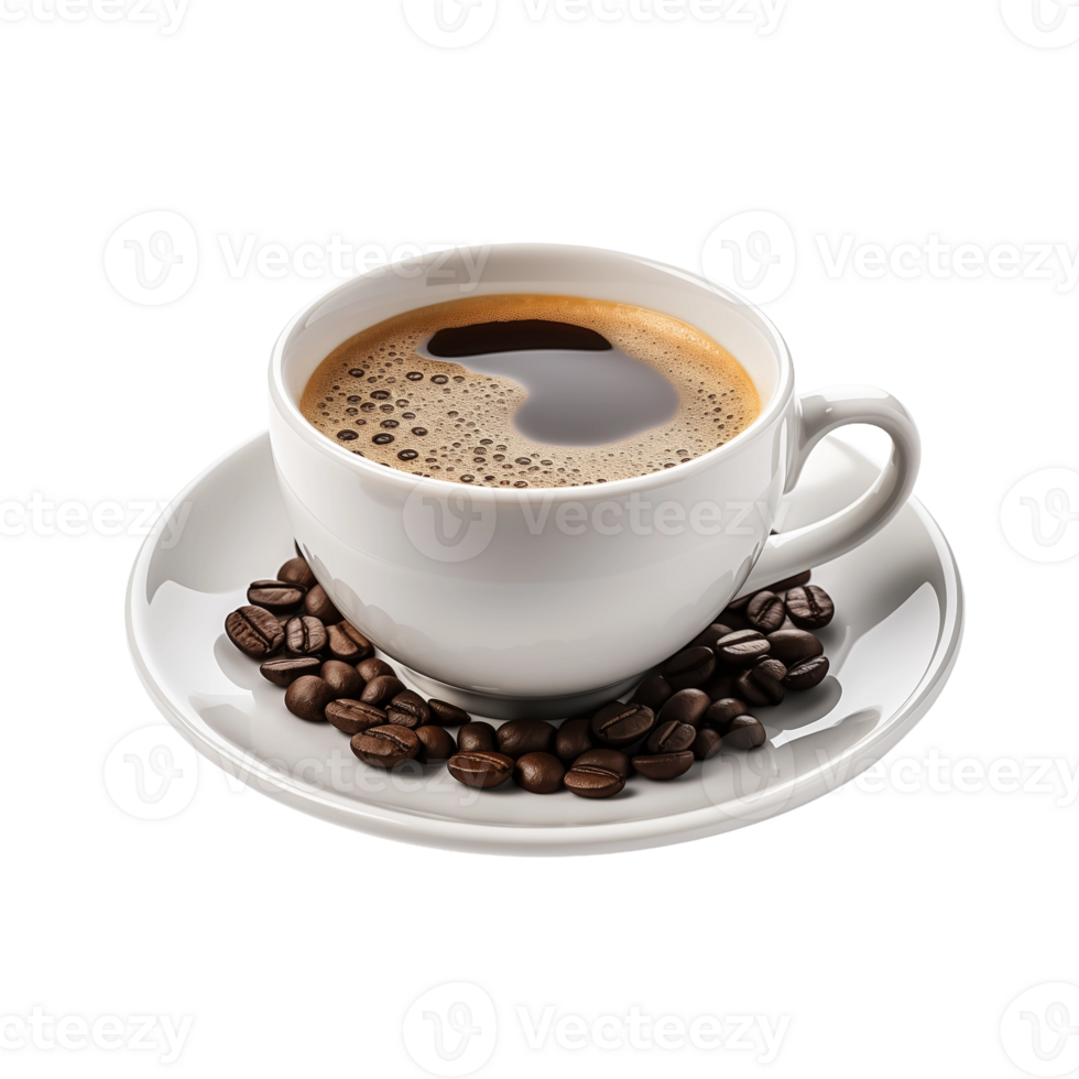 Closeup of a White Coffee Cup Filled with Coffee and Surrounded by Coffee Beans png