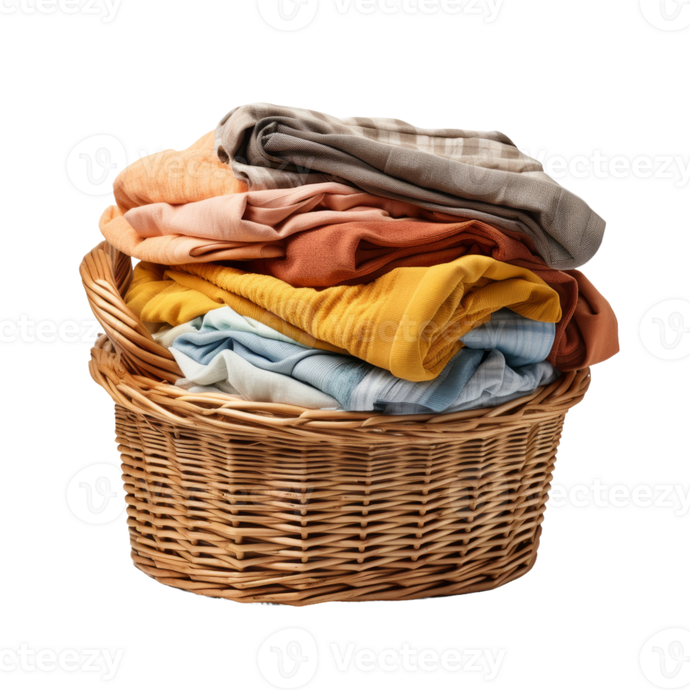 A Stack of Colorful Clothes in a Wicker Laundry Basket png