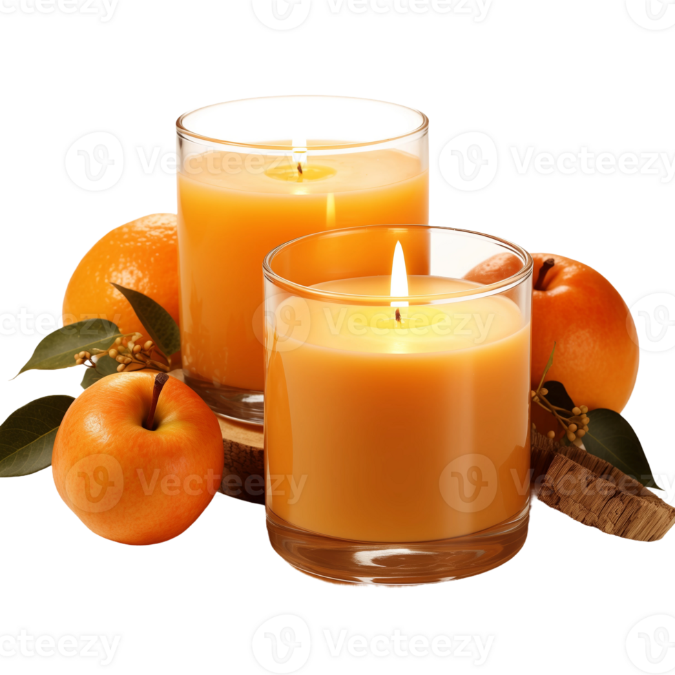 Two Burning Candles with Apples and Oranges png