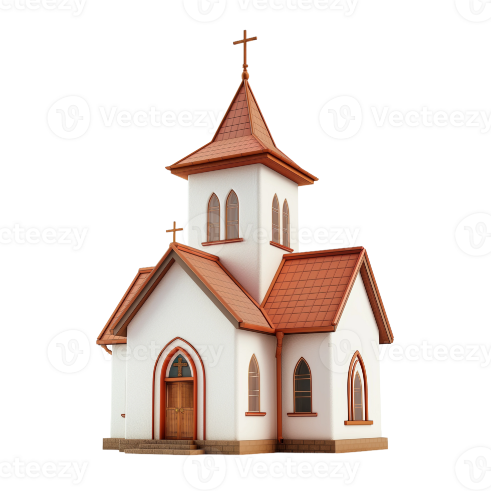 3D Render of a White Church with a Red Roof and a Cross on Top png