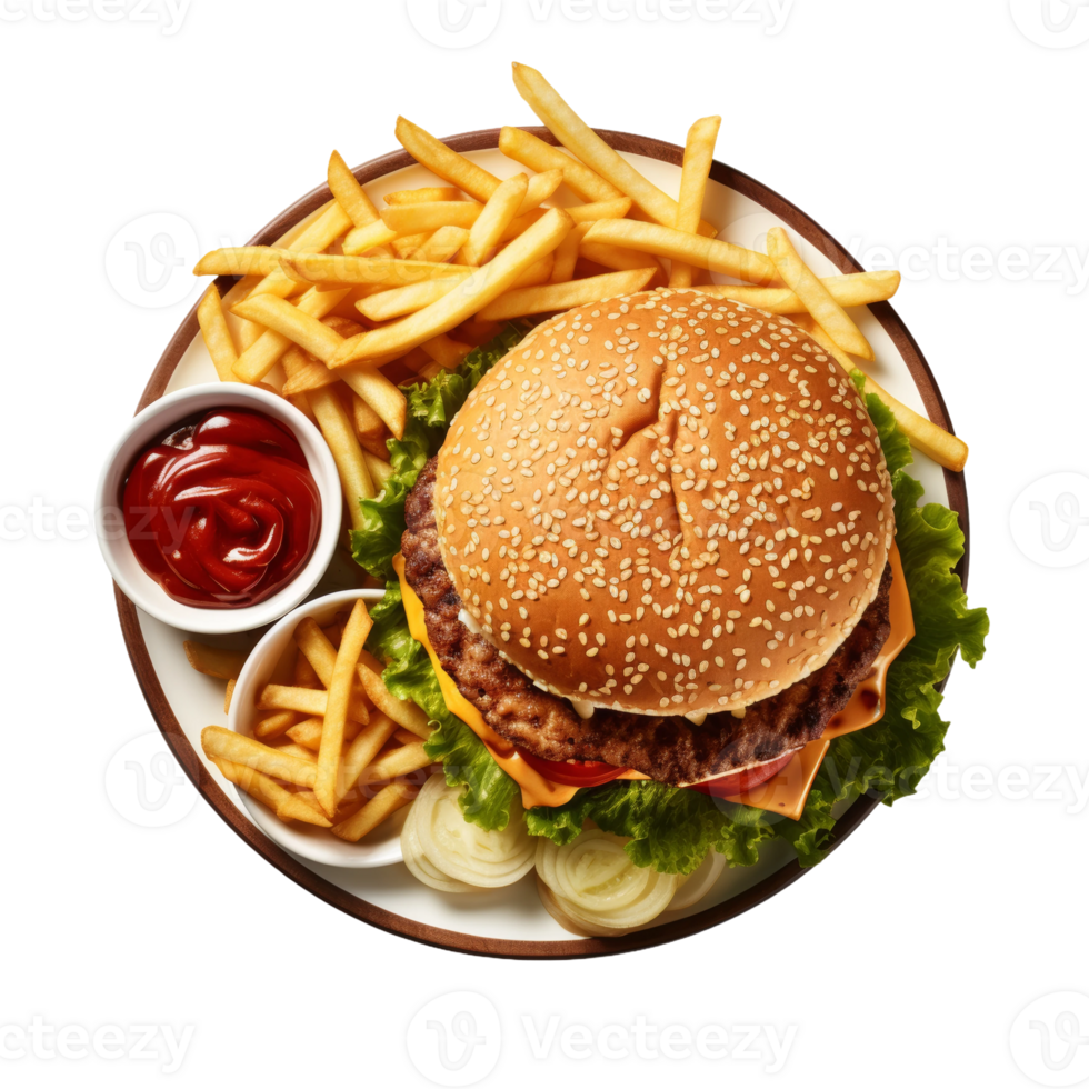 Classic Cheeseburger with Fries and Ketchup png